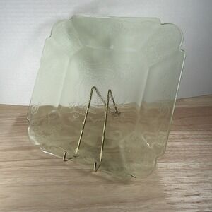 Lorain Basket Green SALAD PLATE Indiana Uranium Depression Glass Square Glows!